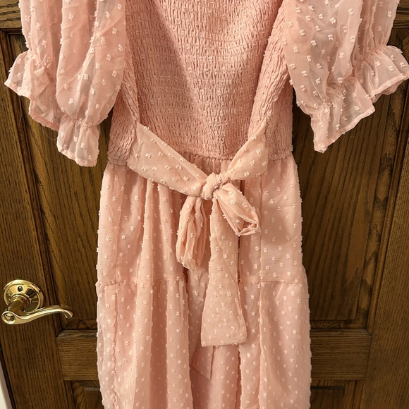 Elegant Pink Puff Sleeve Midi Dress Medium - Picture 5 of 7